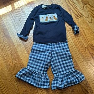 Smocked polka dot puppy long sleeve and ruffle pants set